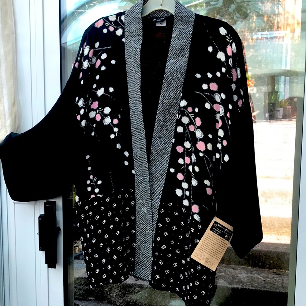 Kimono Jacket in Black and White With Antique kimono Fabric.